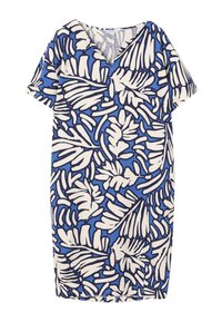 Robe courte à manches courtes bleue avec des motifs de feuilles surdimensionnées blanches et noires et un décolleté en V.
