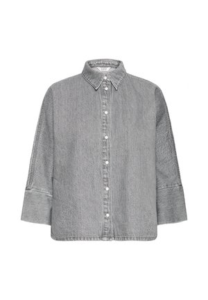 Gray denim shirt with a classic collar, front button closure, dropped shoulders, and long sleeves. Features a textured finish and side seams.