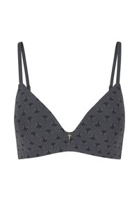 Reggiseno grigio scuro con una trama liscia, caratterizzato da un sottile motivo a ventaglio e un piccolo dettaglio dorato al centro. Spalline sottili e regolabili.
