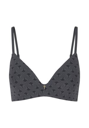 Dark gray bra with a smooth texture, featuring a subtle fan pattern and small gold accent in the center. Thin adjustable straps.
