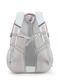 Zaino con una combinazione di colori rosa e grigio, realizzato in tessuto leggero con pannelli in rete, spallacci regolabili e tasche laterali.