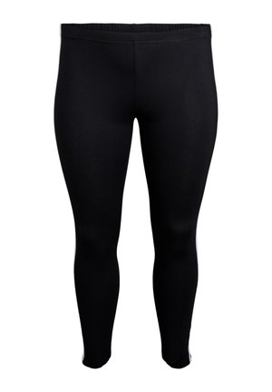 Schwarze Leggings aus dehnbarem Material mit glatter Oberfläche, ausgestattet mit einem breiten elastischen Bund und einem figurschmeichelnden Design.