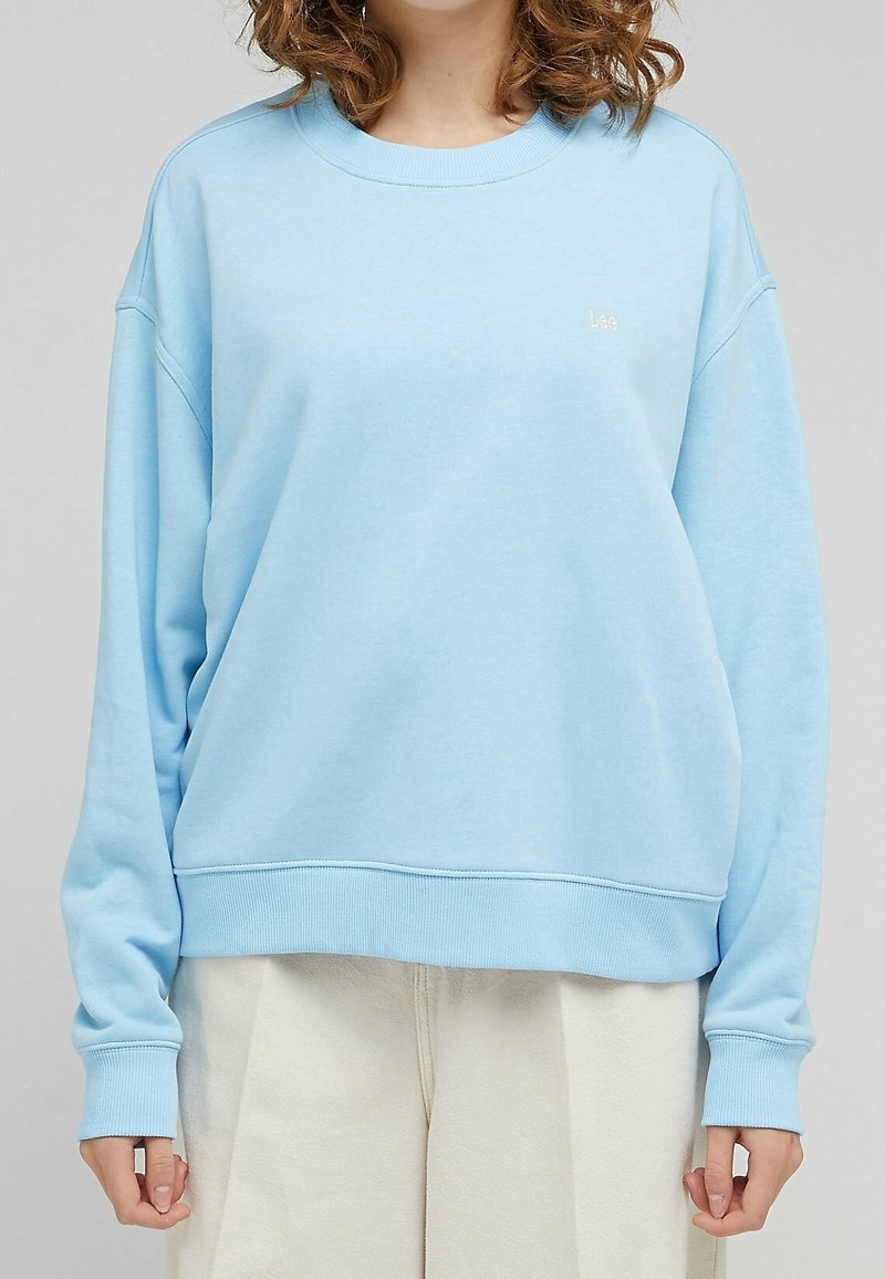 Sudadera de color azul claro hecha de suave algodón, con un corte holgado, puños y dobladillo acanalados, y un pequeño logo blanco en el pecho.