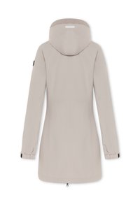 Lichtbeige gewatteerde jas met capuchon, elastische manchetten en een trekkoord in de taille. Glad stof, middellange stijl, geen zichtbare patronen of hardware.