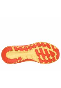 Suola in gomma con una vivace combinazione di colori arancione e giallo. Presenta scanalature di trazione e un motivo superficiale testurizzato per una miglior presa e stabilità.