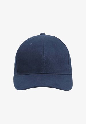 Navy blue baseball cap with a curved brim, made of cotton fabric, featuring a six-panel design and ventilating eyelets.