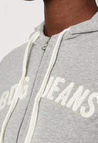 Felpa grigia con zip e testo ricamato "BDG JEANS" in crema, dotata di cappuccio con cordino e tessuto testurizzato. Chiusura con cerniera argento.