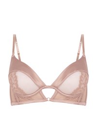 Lichtroze satijnen en kanten bralette met beugel, gaaspanelen en een ronde uitsnijding in het midden, verstelbare banden en decoratieve stiksels.