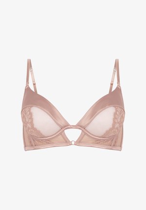 Hellrosa Satin- und Spitzen-Bralette mit Unterdraht, Mesh-Einsätzen und einem runden Ausschnitt in der Mitte, verstellbaren Trägern und dekorativer Naht.