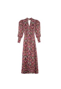 Vestido de larga media con un patrón floral en rosa oscuro, mangas abullonadas, escote en forma de ojo de cerradura y cinturilla ajustada. Fabricado en tejido ligero.