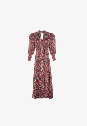 Midikleed met een donkerroze bloemenpatroon, opgeblazen mouwen, een sleutelgat-halslijn en een aansluitende taille. Gemaakt van lichtgewicht stof.