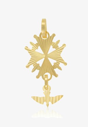 Pendentif en or avec un design en rayons de soleil, présentant des stries et un charme en forme d'oiseau en dessous. Surface brillante et réfléchissante avec des détails complexes.