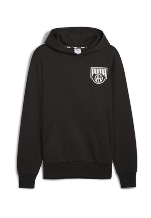 Czarna bluza z kapturem wykonana z mieszanki bawełny, z kieszenią z przodu, elastycznymi mankietami i białym logo Pumy na klatce piersiowej.