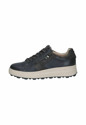 Baskets en cuir noir avec une semelle épaisse beige, des lacets noirs, une fermeture éclair latérale et des panneaux texturés sur le côté et le talon.
