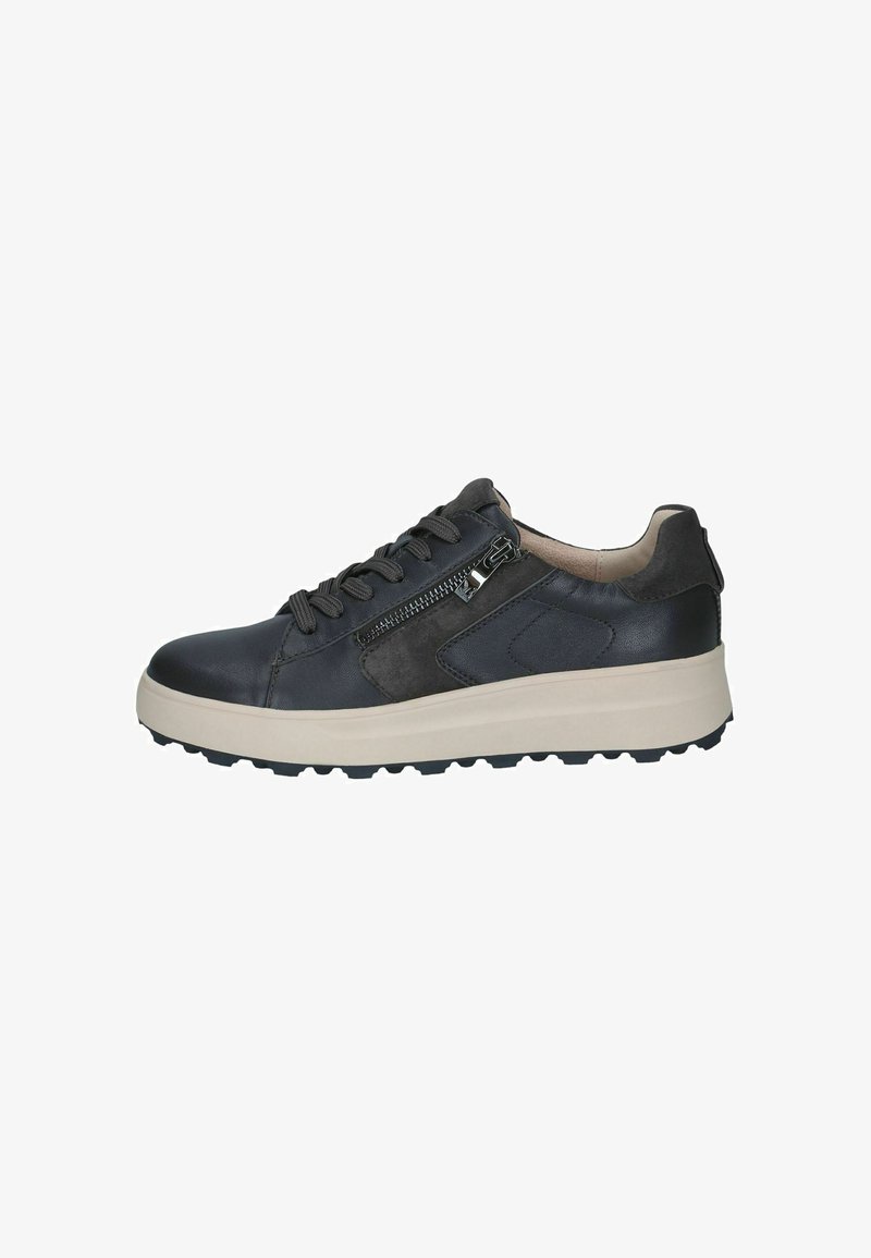 Baskets en cuir noir avec une semelle épaisse beige, des lacets noirs, une fermeture éclair latérale et des panneaux texturés sur le côté et le talon.