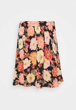 Jupe florale avec un fond noir et de grandes fleurs colorées dans des teintes de rose, d'orange et de jaune. Design plissé avec une taille élastique.