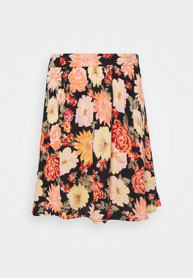 Floral skirt featuring a black background with large, colorful flowers in shades of pink, orange, and yellow. Pleated design with an elastic waistband.