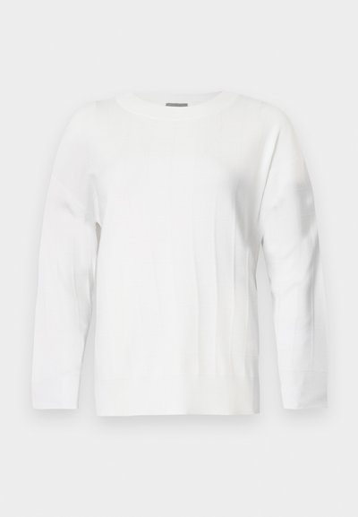 Biely pletený sveter s okrúhlym výstrihom, dlhými rukávmi a rebrovanými akcentmi. Obsahuje jemný textúrovaný vzor po celej látke.