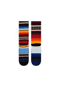 Colorful socks featuring a mix of horizontal stripes in shades of blue, red, orange, and black, with textured and smooth areas.
