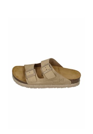 Beige suede slide sandal with two adjustable buckle straps and a contoured cork footbed with a light rubber sole.