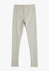 Graue Leggings mit einer gerippten Textur, ausgestattet mit einem elastischen Bund, im Vollformat und ohne sichtbare Muster oder Metallelemente.