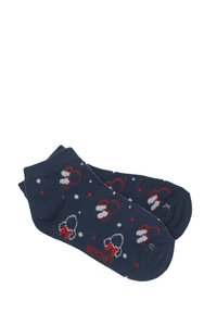 Calzini alla caviglia blu navy con un motivo di pois bianchi e teste di Mickey Mouse rosse con fiocchi. Realizzati in un morbido misto cotone elasticizzato.