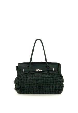Borsa a mano in pelle nera con texture intrecciata nella metà inferiore, sezione superiore liscia, due manici e chiusura a clips argento al centro.