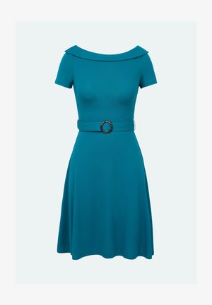 Teal dress with a boat neckline and short sleeves. Features a belted waist with a circular buckle and a flared skirt. Smooth texture.