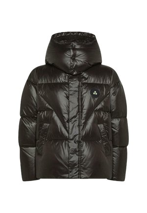 Chaqueta acolchada negra con un acabado brillante, que presenta un cuello alto, cierre con cremallera y dos bolsillos laterales. Incluye un detalle de logo circular.