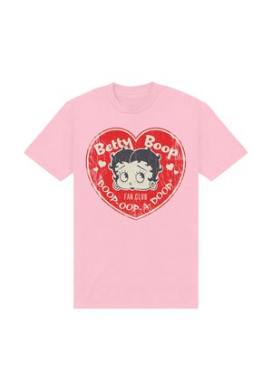 Rosa bomulds T-shirt med en slidt grafik af Betty Boop inde i et rødt hjerte, med teksten "Betty Boop Fan Club" og "Boop-Oop-A-Doop."