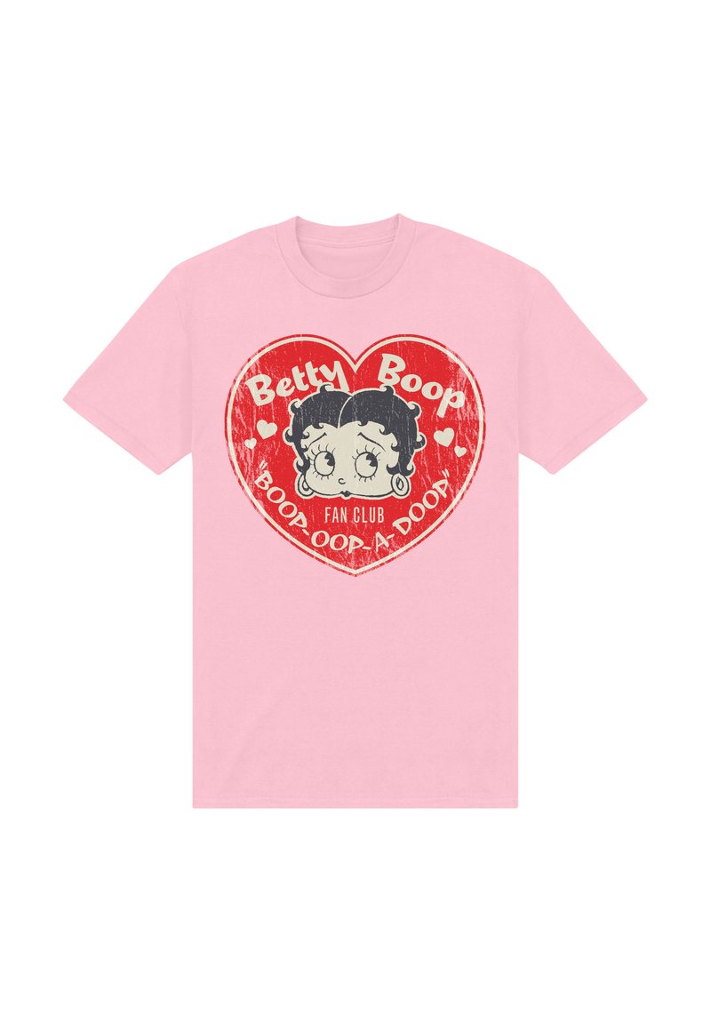 Růžové bavlněné tričko s opotřebovanou grafikou Betty Boop uvnitř červeného srdce, s textem „Betty Boop Fan Club“ a „Boop-Oop-A-Doop.“