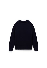 Pull marin, tissu tricoté, encolure ronde, manches longues, bords-côtes aux poignets et à l'ourlet, couleur unie, sans motifs ni matériaux visibles.