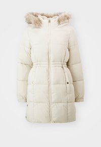 Parka acolchada de un beige claro con capucha de pelo sintético, cremallera frontal, cintura elástica y detalles de botones. Presenta mangas amplias y textura acolchada.