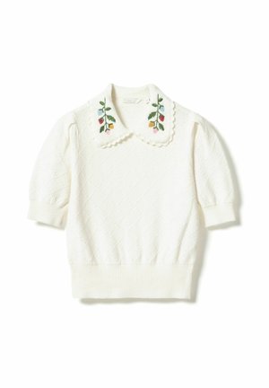 Maglione bianco a maniche corte con motivo a diamante in rilievo e colletto smerlato decorato con ricamo floreale colorato su ciascun lato.