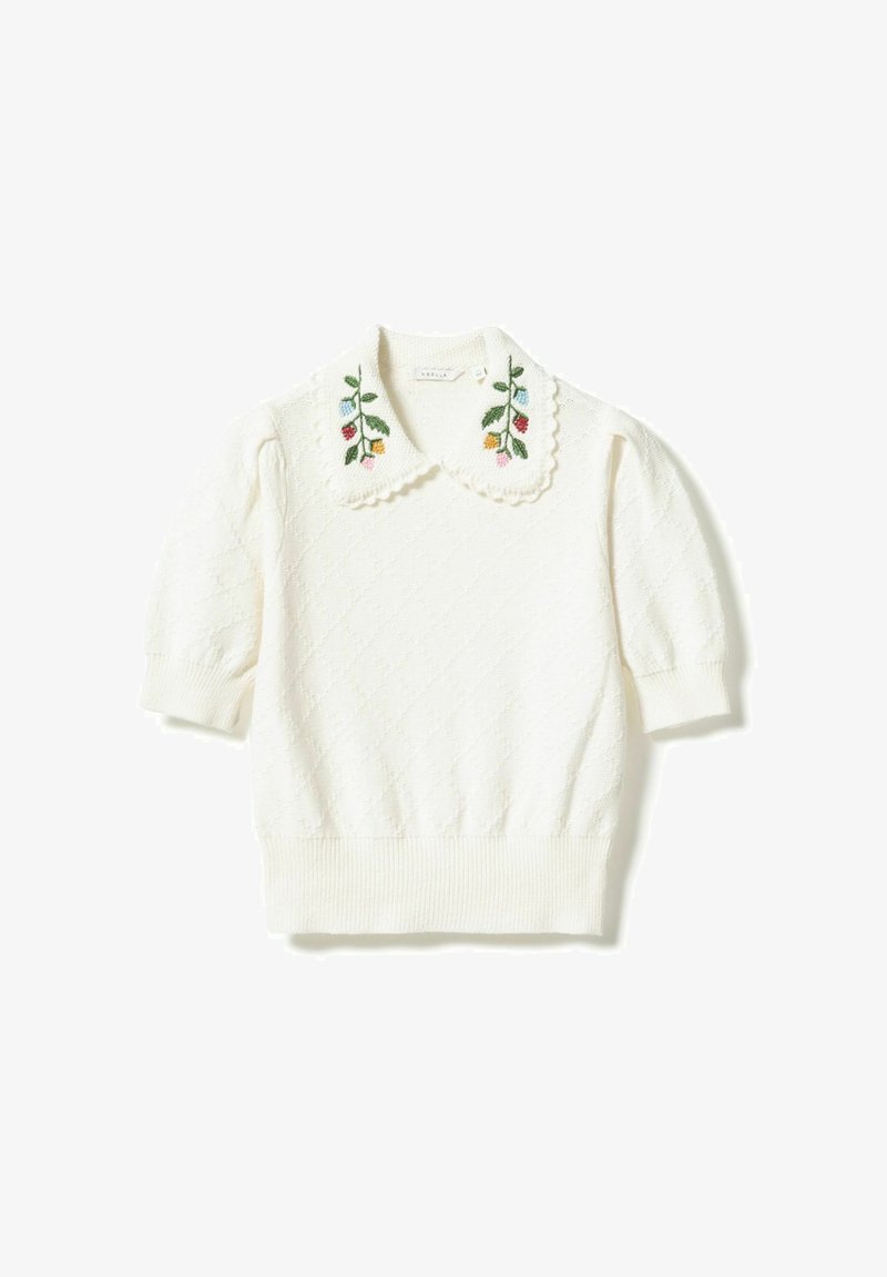 Witte korte mouwtrui met een getextureerd diamantpatroon en een gegolfde kraag met kleurrijke bloemrijke borduursels aan elke kant.