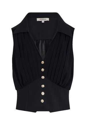 Blouse noire sans manches avec col large, plis verticaux et six boutons décoratifs dorés à l'avant.
