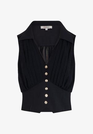 Blusa nera senza maniche con collo ampio, pieghe verticali e sei bottoni decorativi dorati sul davanti.