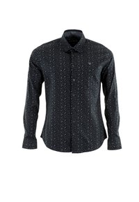 Chemise noire à manches longues pour homme avec un imprimé floral subtil, col standard et coupe ajustée. Texture de tissu douce.