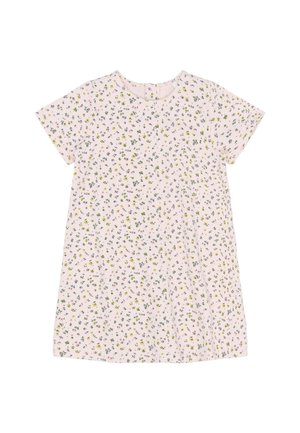 Világos rózsaszín, rövid ujjú ruha, apró sárga és zöld virágmintával, kerek nyakkivágással és hátsó gombos záródással.