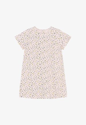 Šviesiai rožinė trumpa suknelė su mažomis geltonomis ir žaliomis gėlėmis, apvalia iškirpte ir sagtele nugaroje.