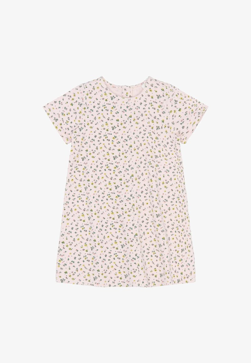 Robe courte à manches courtes de couleur rose clair avec un petit motif floral jaune et vert, encolure ronde et fermeture éclair à l'arrière.