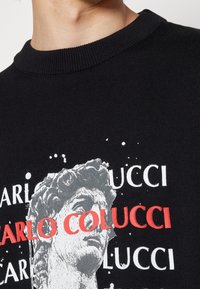 Schwarzer Pullover mit geripptem Rundhalsausschnitt. Enthält eine Grafik einer klassischen Statue sowie bedruckten Text in Weiß und Rot. Der Text überlappt das Bild.