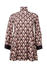 Langermige tuniek met hoge hals, met een golvend geometrisch patroon in roze, beige en donkerbruin.