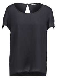 Blusa nera a maniche corte con scollatura rotonda e chiusura con bottone a fessura sul retro, realizzata in tessuto leggero.