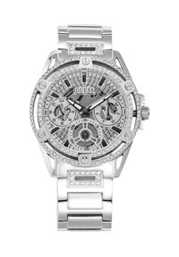 Srebrna ura s pasom iz nerjavečega jekla, kristalnimi poudarki in podrobnim plaščem, ki vključuje več poddialov ter teksturirano ozadje.