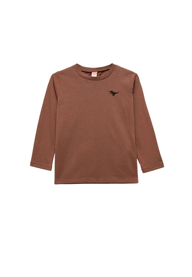 Brązowa, długa koszula z długim rękawem wykonana z bawełny, z okrągłym dekoltem i czarnym logo dinozaura na lewej piersi. Gładka faktura.