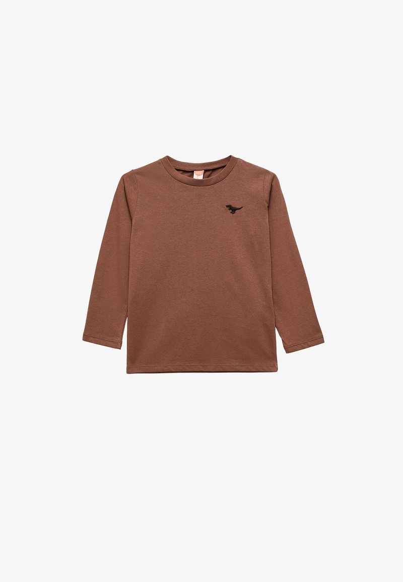 Brązowa, długa koszula z długim rękawem wykonana z bawełny, z okrągłym dekoltem i czarnym logo dinozaura na lewej piersi. Gładka faktura.