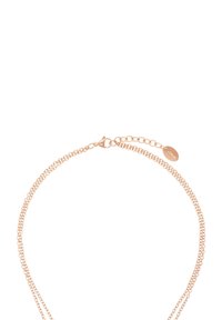 Collar de oro rosa con un diseño de doble cadena, eslabones texturizados, cierre de langosta y una extensión ajustable con una etiqueta de logo.