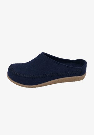 Navy-Filz-Clogs mit runder Zehenform, genähten Details entlang der Kante und einer braunen strukturierten Sohle für besseren Halt. Kein Rückhalt.