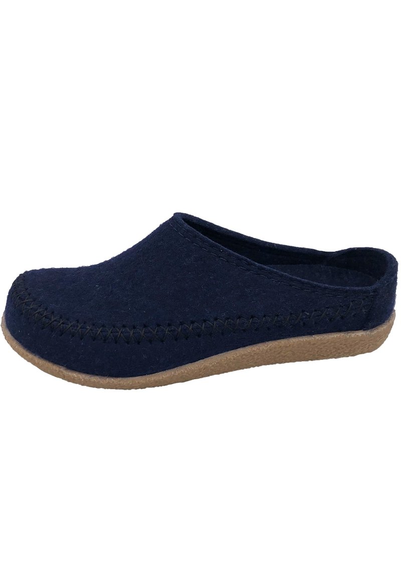 Navy-Filz-Clogs mit runder Zehenform, genähten Details entlang der Kante und einer braunen strukturierten Sohle für besseren Halt. Kein Rückhalt.
